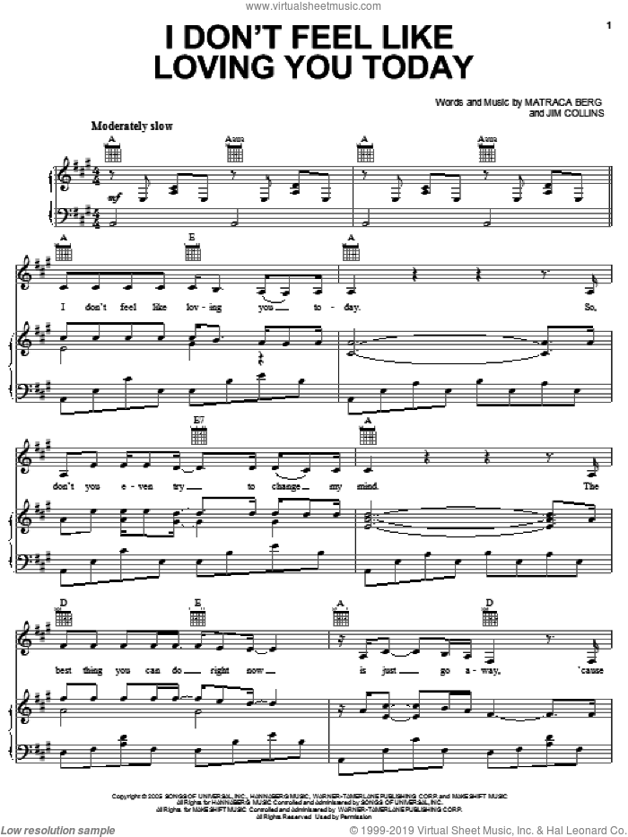 I Don't Feel Like Loving You Today sheet music for voice, piano or guitar by Gretchen Wilson, Jim Collins and Matraca Berg, intermediate skill level