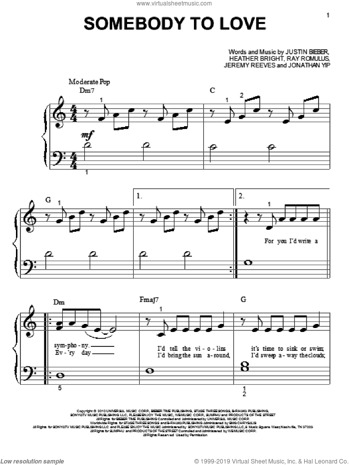 Somebody To Love sheet music for piano solo (big note book) by Justin Bieber, easy piano (big note book)
