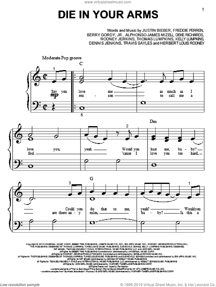 Die In Your Arms sheet music for piano solo (big note book) by Justin Bieber, easy piano (big note book)