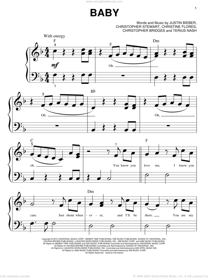 Baby sheet music for piano solo (big note book) by Justin Bieber, easy piano (big note book)