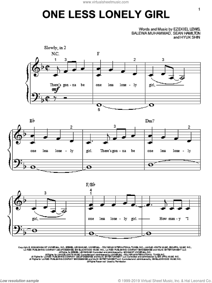 One Less Lonely Girl sheet music for piano solo (big note book) by Justin Bieber, easy piano (big note book)