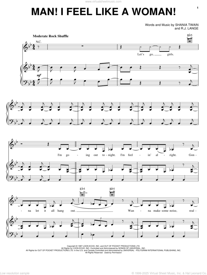 Man! I Feel Like A Woman! sheet music for voice, piano or guitar by Shania Twain and Robert John Lange, intermediate skill level