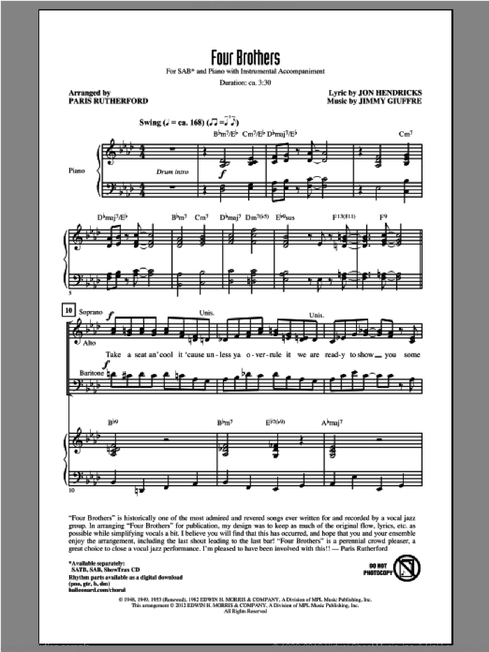 Four Brothers sheet music for choir (SAB: soprano, alto, bass) by Paris Rutherford, intermediate skill level