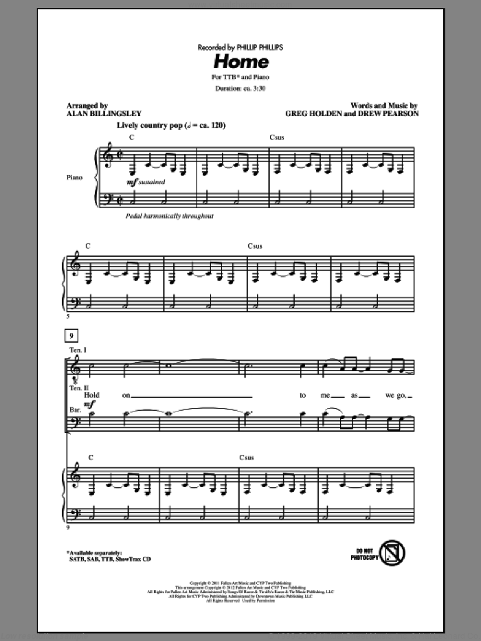 Home (arr. Alan Billingsley) sheet music for choir (TTBB: tenor, bass) by Alan Billingsley, Drew Pearson, Greg Holden and Phillip Phillips, intermediate skill level