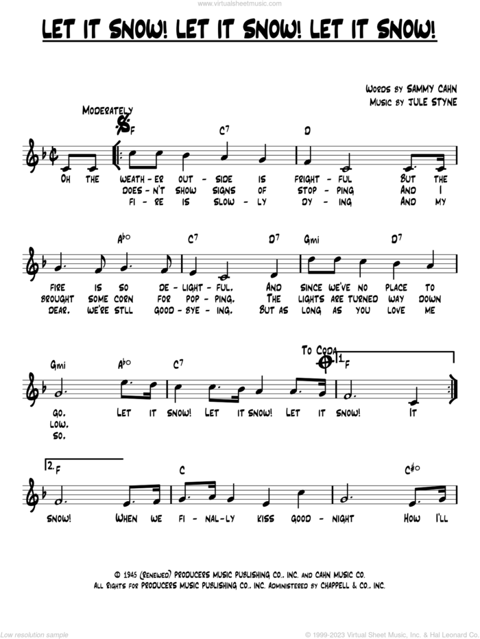 Let It Snow! Let It Snow! Let It Snow! sheet music for voice and other instruments (fake book) by Sammy Cahn and Jule Styne, intermediate skill level