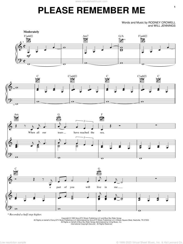 Please Remember Me sheet music for voice, piano or guitar by Tim McGraw, Rodney Crowell and Will Jennings, wedding score, intermediate skill level