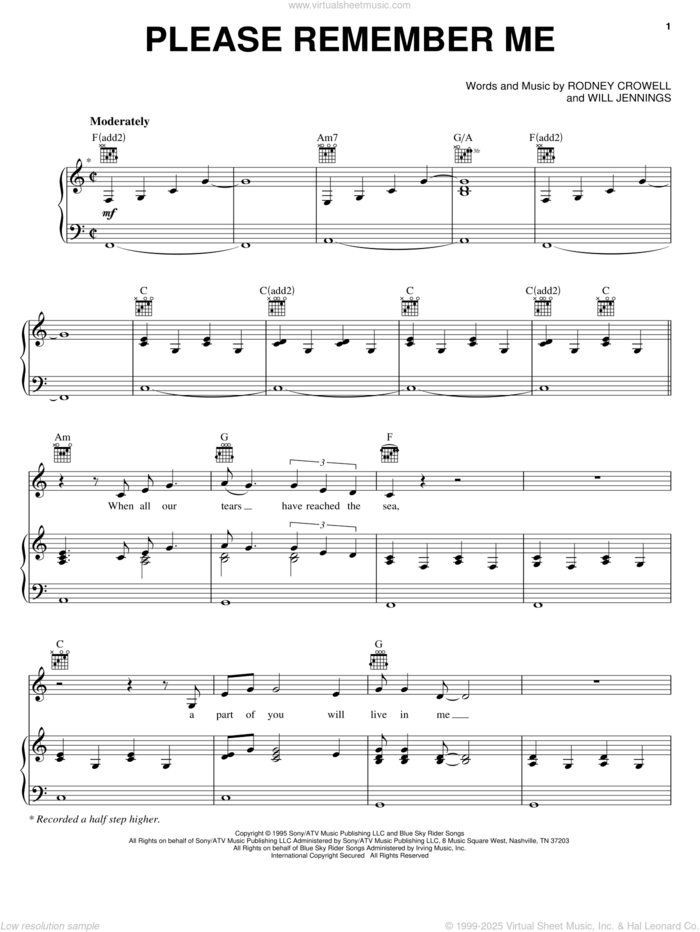 Please Remember Me sheet music for voice, piano or guitar by Tim McGraw, Rodney Crowell and Will Jennings, wedding score, intermediate skill level