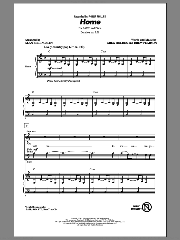 Home (arr. Alan Billingsley) sheet music for choir (SATB: soprano, alto, tenor, bass) by Drew Pearson, Greg Holden, Alan Billingsley and Phillip Phillips, intermediate skill level