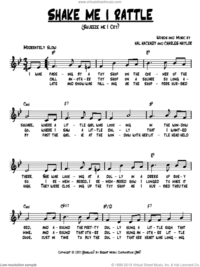 Shake Me I Rattle (Squeeze Me I Cry) sheet music for voice and other instruments (fake book) by Charles Naylor and Hal Clayton Hackady, intermediate skill level
