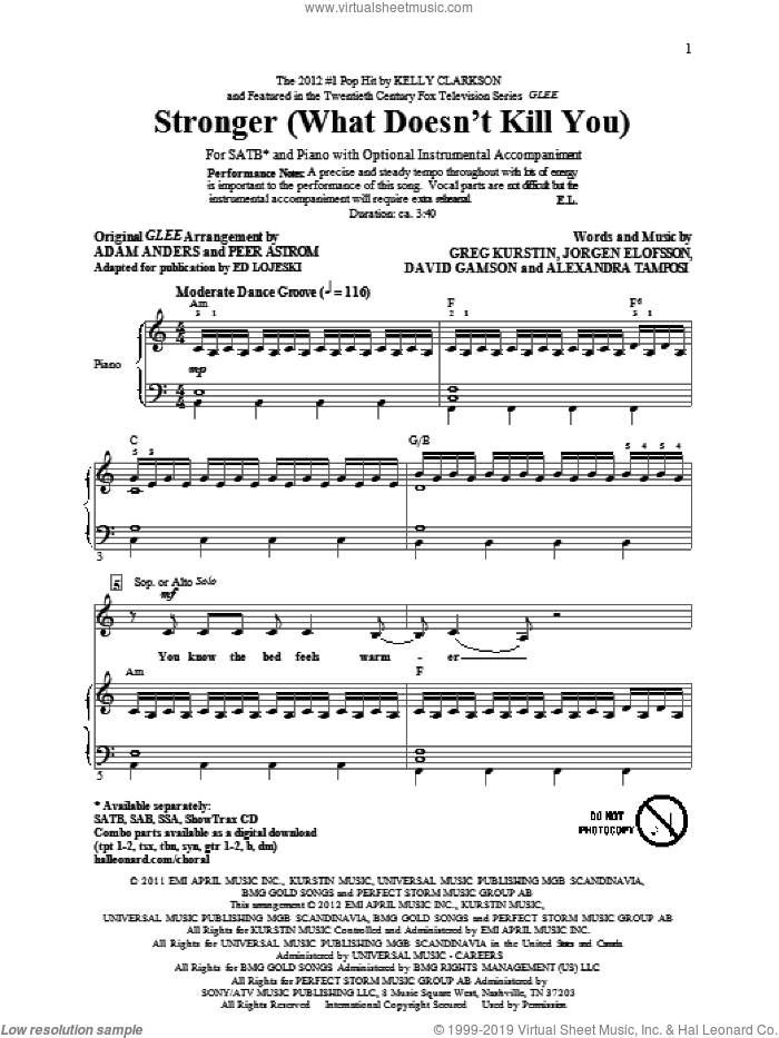Stronger (What Doesn't Kill You) sheet music for choir (SATB: soprano, alto, tenor, bass) by Glee Cast and Ed Lojeski, intermediate skill level