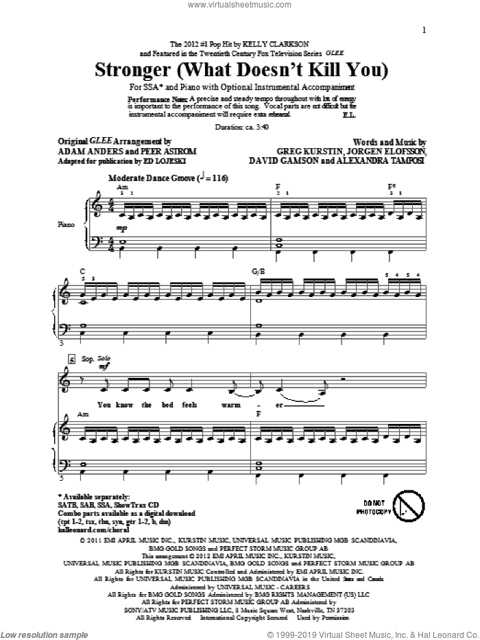 Stronger (What Doesn't Kill You) sheet music for choir (SSA: soprano, alto) by Glee Cast and Ed Lojeski, intermediate skill level