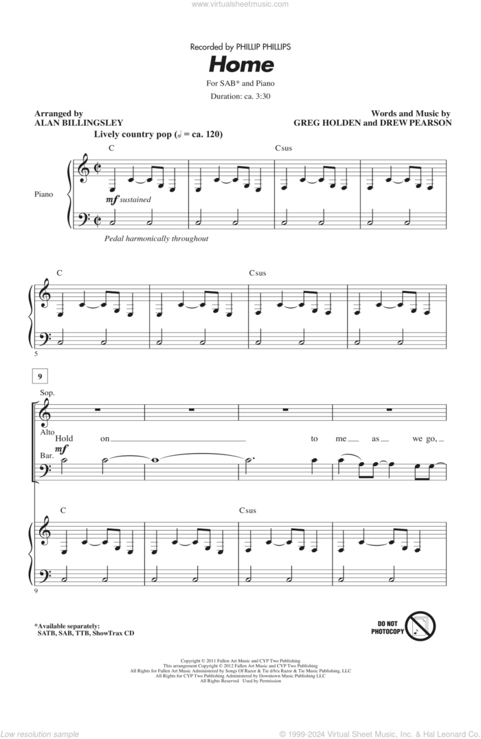 Home (arr. Alan Billingsley) sheet music for choir (SAB: soprano, alto, bass) by Alan Billingsley, Drew Pearson, Greg Holden and Phillip Phillips, intermediate skill level