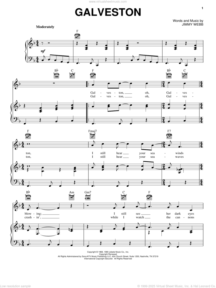 Galveston sheet music for voice, piano or guitar by Glen Campbell and Jim Webb, intermediate skill level