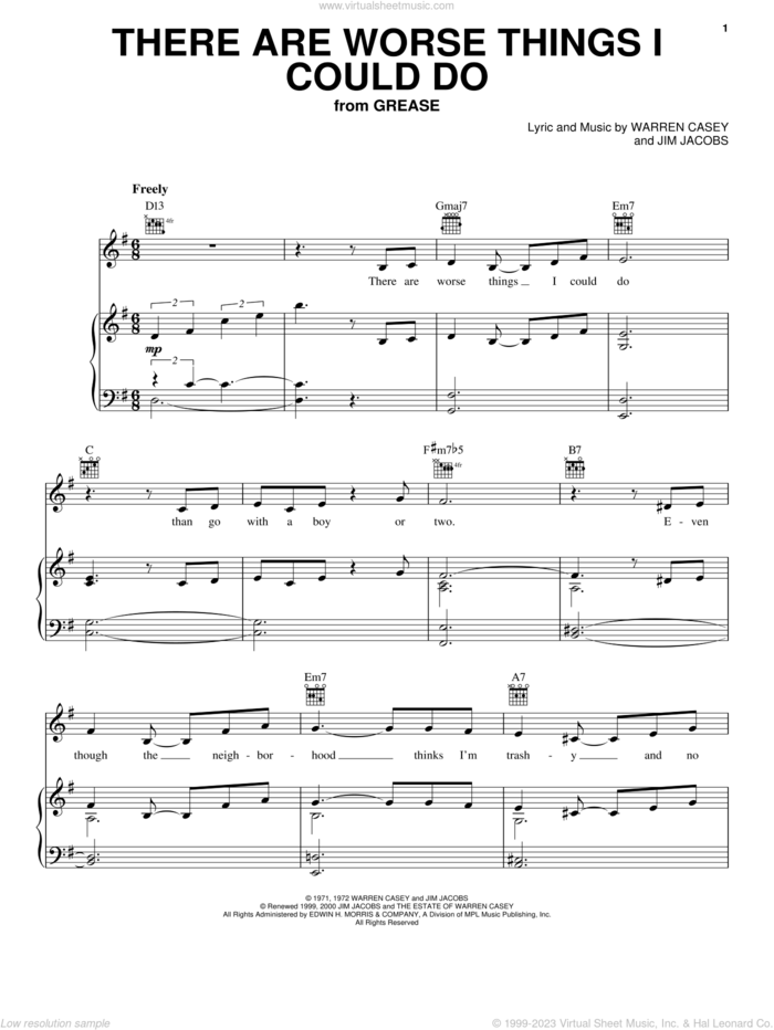 There Are Worse Things I Could Do sheet music for voice, piano or guitar by Jim Jacobs, Glee Cast and Warren Casey, intermediate skill level