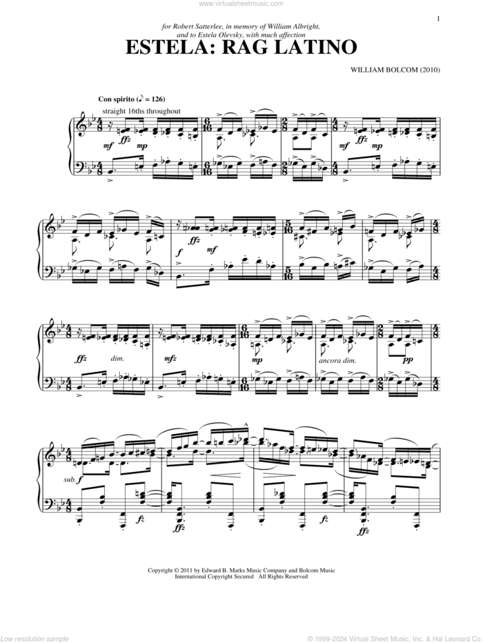 Estela: Rag Latino sheet music for piano solo by William Bolcom, intermediate skill level