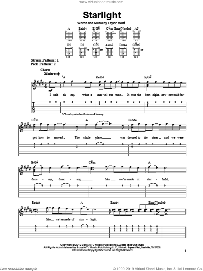 Starlight sheet music for guitar solo (easy tablature) by Taylor Swift, easy guitar (easy tablature)