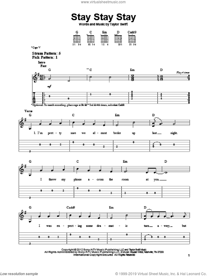 Stay Stay Stay sheet music for guitar solo (easy tablature) by Taylor Swift, easy guitar (easy tablature)