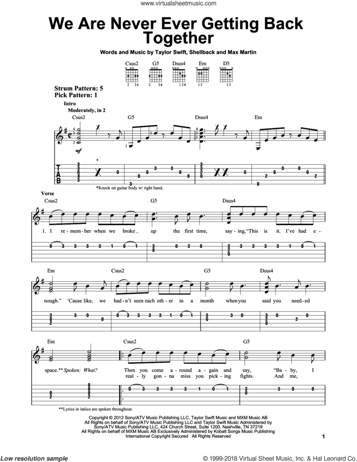 We Are Never Ever Getting Back Together sheet music for guitar solo (easy tablature) by Taylor Swift, easy guitar (easy tablature)