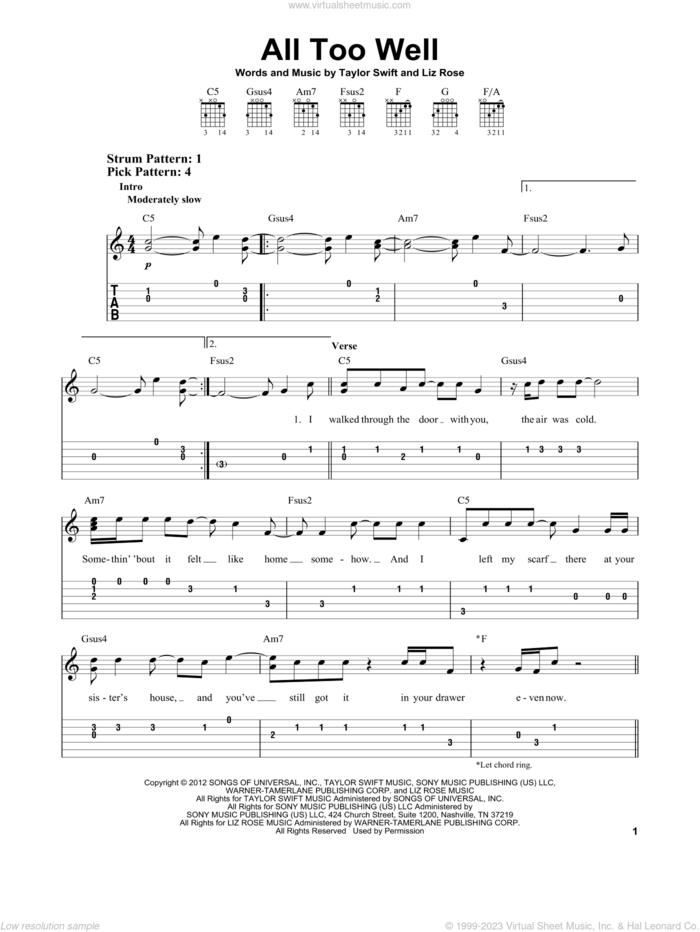 All Too Well sheet music for guitar solo (easy tablature) by Taylor Swift, easy guitar (easy tablature)