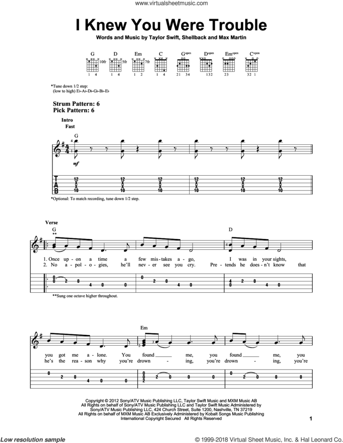 I Knew You Were Trouble, (easy) sheet music for guitar solo (easy tablature) by Taylor Swift, easy guitar (easy tablature)