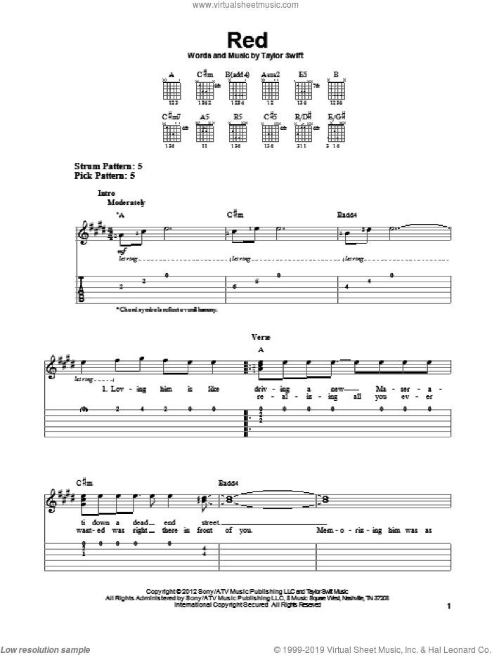 Red sheet music for guitar solo (easy tablature) by Taylor Swift, easy guitar (easy tablature)