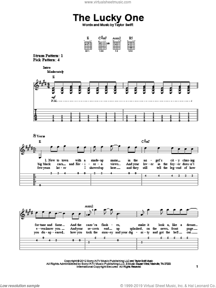 The Lucky One sheet music for guitar solo (easy tablature) by Taylor Swift, easy guitar (easy tablature)