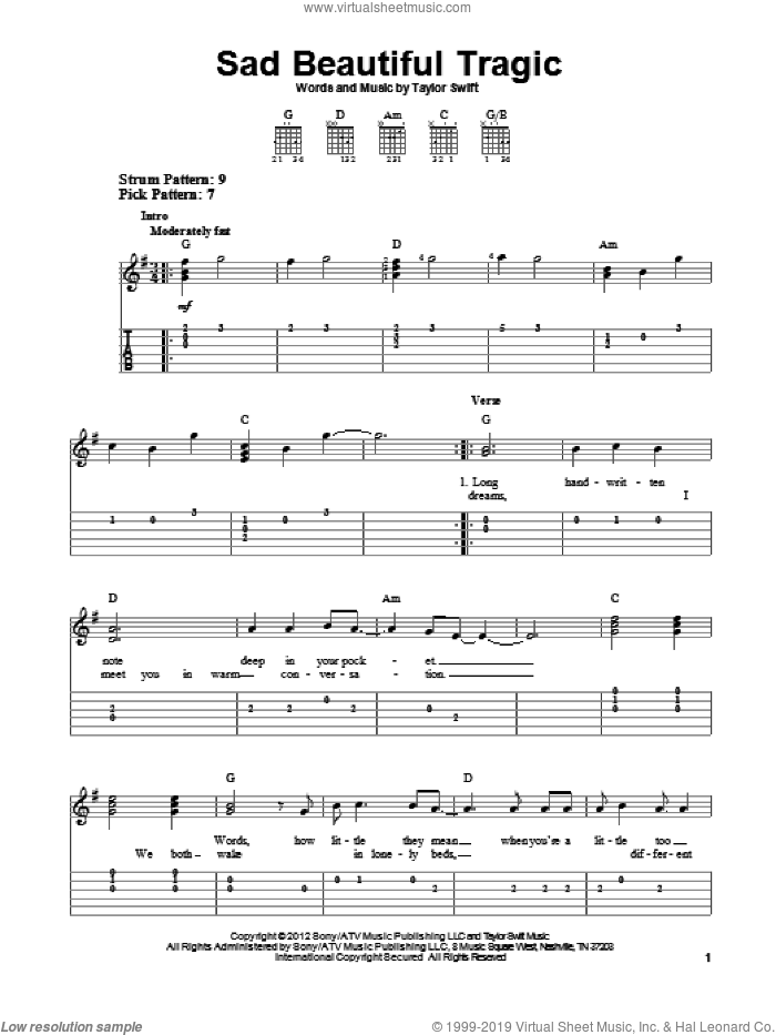 Sad Beautiful Tragic sheet music for guitar solo (easy tablature) by Taylor Swift, easy guitar (easy tablature)