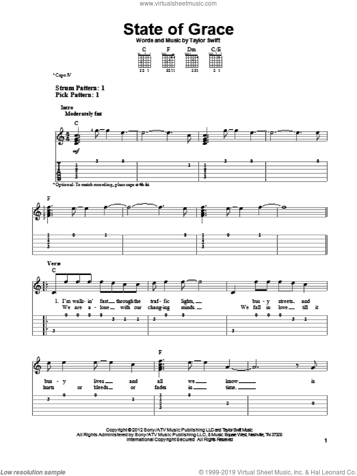 State Of Grace sheet music for guitar solo (easy tablature) by Taylor Swift, easy guitar (easy tablature)