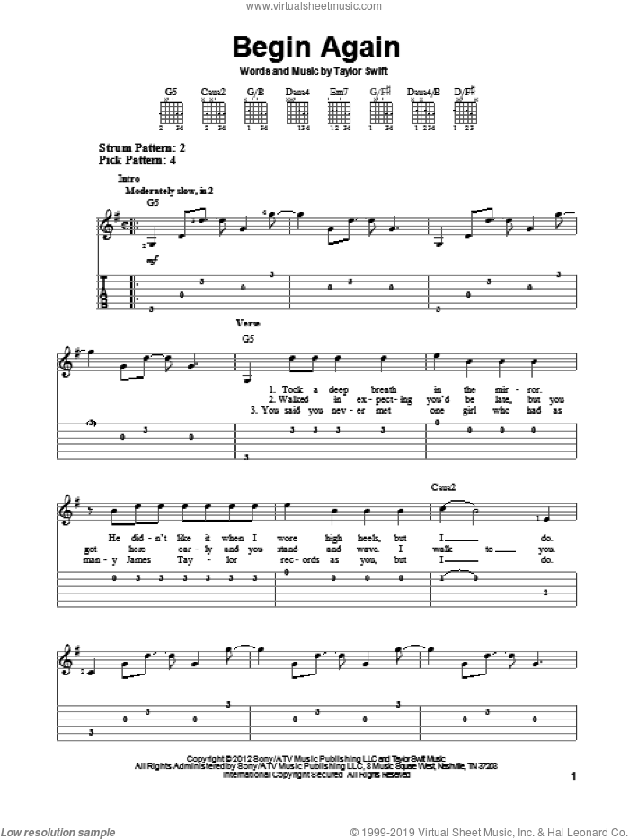 Begin Again sheet music for guitar solo (easy tablature) by Taylor Swift, easy guitar (easy tablature)
