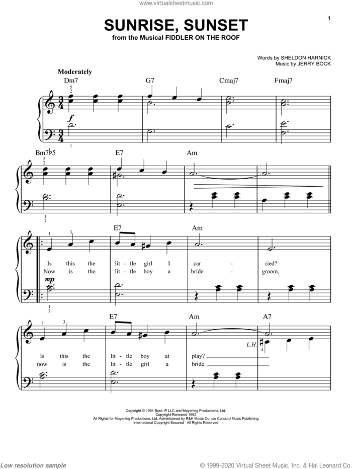 Sunrise, Sunset sheet music for piano solo by Bock & Harnick, Fiddler On The Roof (Musical), Jerry Bock and Sheldon Harnick, wedding score, easy skill level
