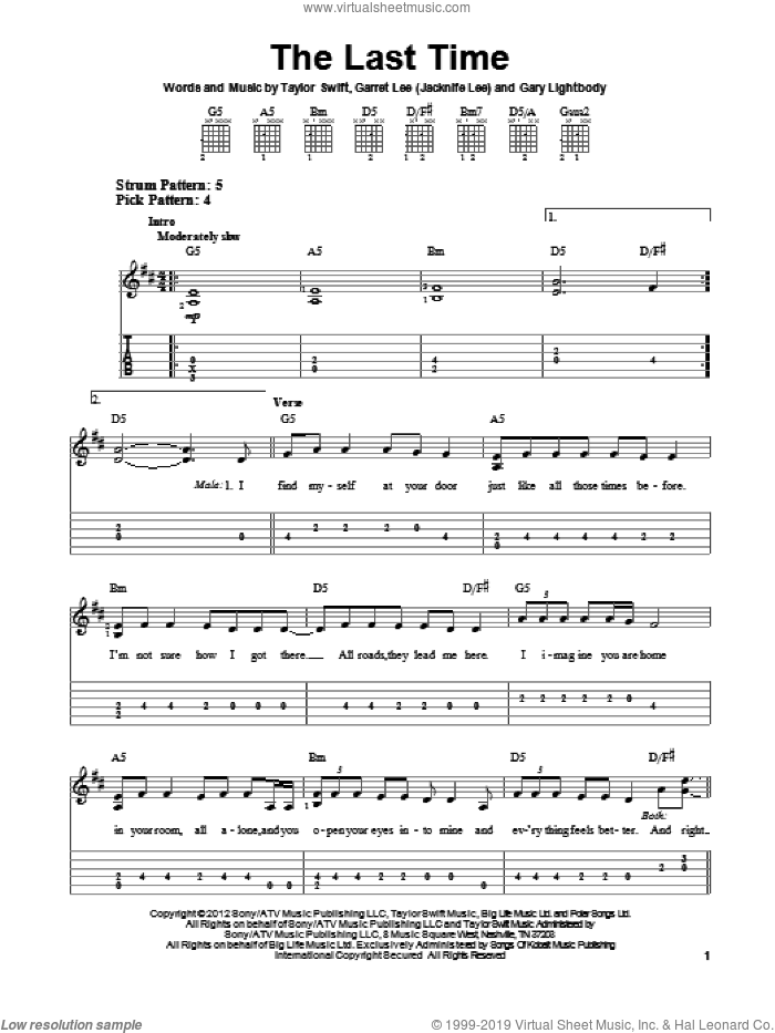 The Last Time sheet music for guitar solo (easy tablature) by Taylor Swift, easy guitar (easy tablature)
