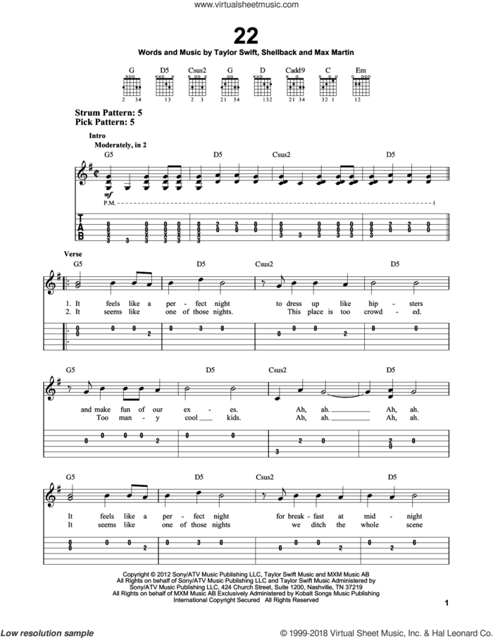 22 sheet music for guitar solo (easy tablature) by Taylor Swift, easy guitar (easy tablature)