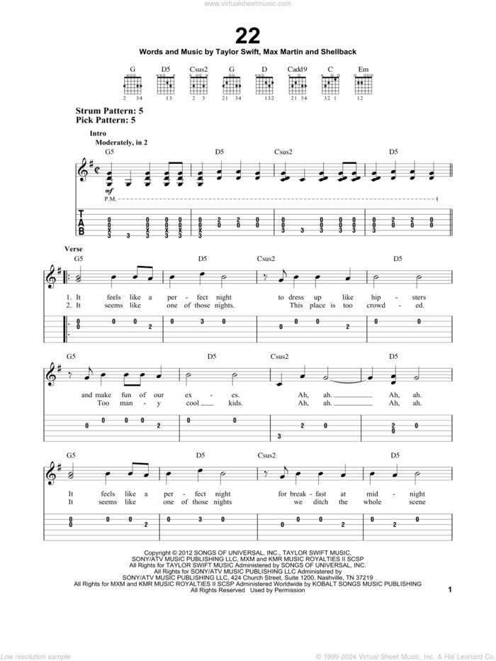 22 sheet music for guitar solo (easy tablature) by Taylor Swift, easy guitar (easy tablature)