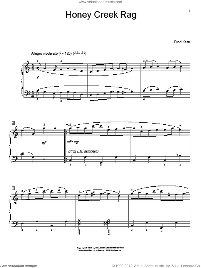 Honey Creek Rag sheet music for piano solo (elementary) by Fred Kern, beginner piano (elementary)