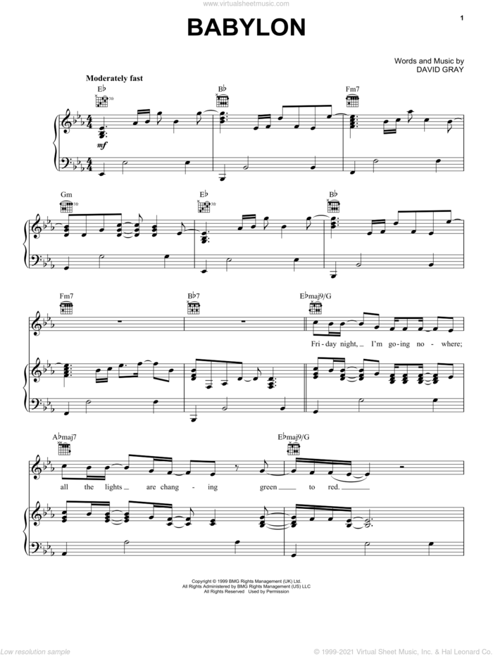 Babylon sheet music for voice, piano or guitar by David Gray, intermediate skill level