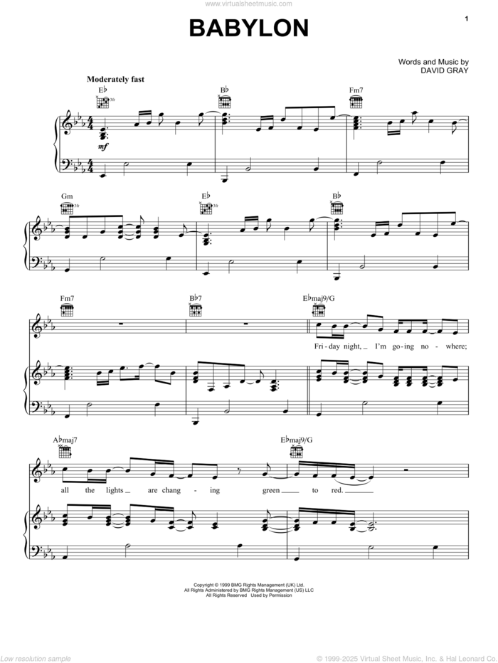 Babylon sheet music for voice, piano or guitar by David Gray, intermediate skill level