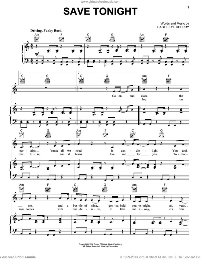 Save Tonight sheet music for voice, piano or guitar by Eagle-Eye Cherry, intermediate skill level