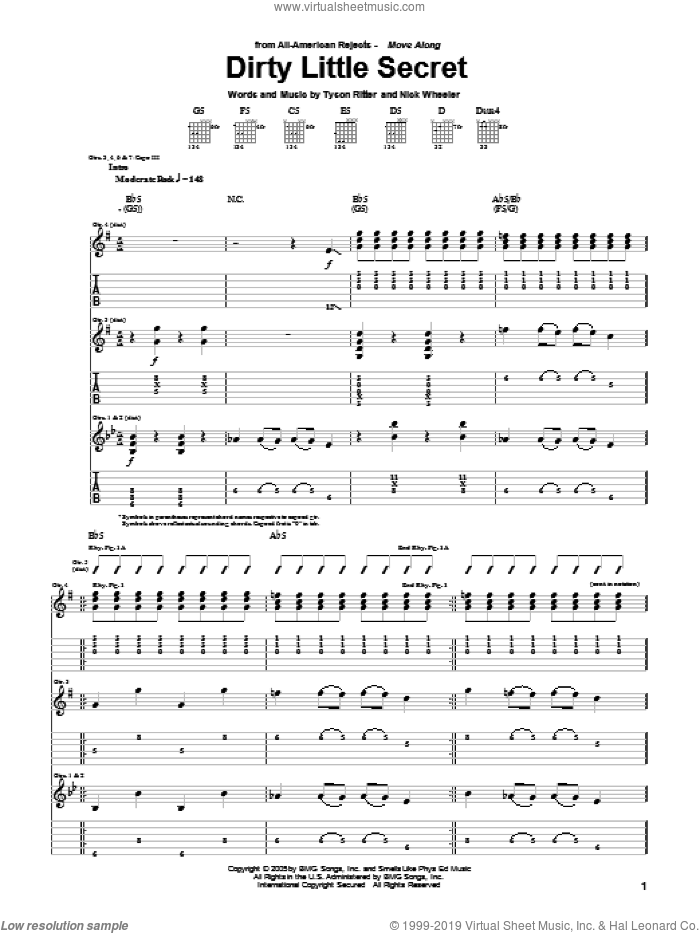 Dirty Little Secret sheet music for guitar (tablature) by The All-American Rejects, Nick Wheeler and Tyson Ritter, intermediate skill level