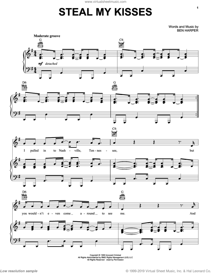 Steal My Kisses sheet music for voice, piano or guitar by Ben Harper And The Innocent Criminals and Ben Harper, intermediate skill level