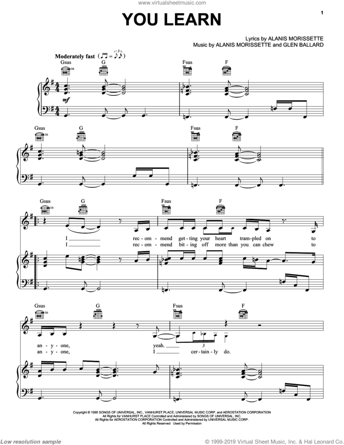 You Learn sheet music for voice, piano or guitar by Alanis Morissette and Glen Ballard, intermediate skill level