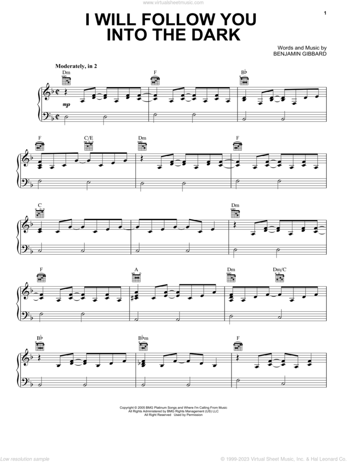 I Will Follow You Into The Dark sheet music for voice, piano or guitar by Death Cab For Cutie and Benjamin Gibbard, intermediate skill level