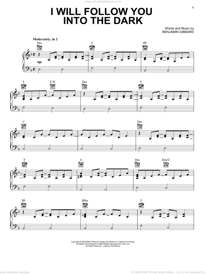 I Will Follow You Into The Dark sheet music for voice, piano or guitar by Death Cab For Cutie and Benjamin Gibbard, intermediate skill level