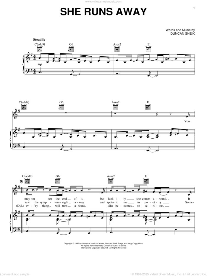 She Runs Away sheet music for voice, piano or guitar by Duncan Sheik, intermediate skill level