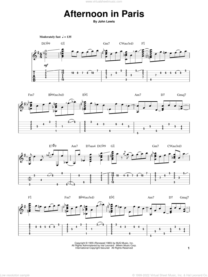 Afternoon In Paris (arr. Jake Reichbart) sheet music for guitar solo by John Lewis and Jake Reichbart, intermediate skill level