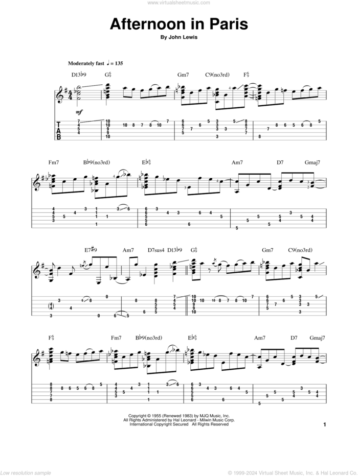 Afternoon In Paris (arr. Jake Reichbart) sheet music for guitar solo by John Lewis and Jake Reichbart, intermediate skill level