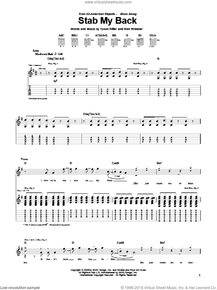 Stab My Back sheet music for guitar (tablature) by The All-American Rejects, Nick Wheeler and Tyson Ritter, intermediate skill level