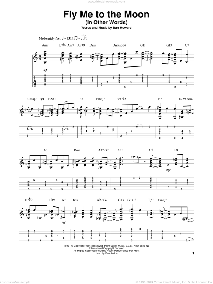 Fly Me To The Moon (In Other Words) sheet music for guitar solo by Jake Reichbart, Bart Howard and Tony Bennett, wedding score, intermediate skill level