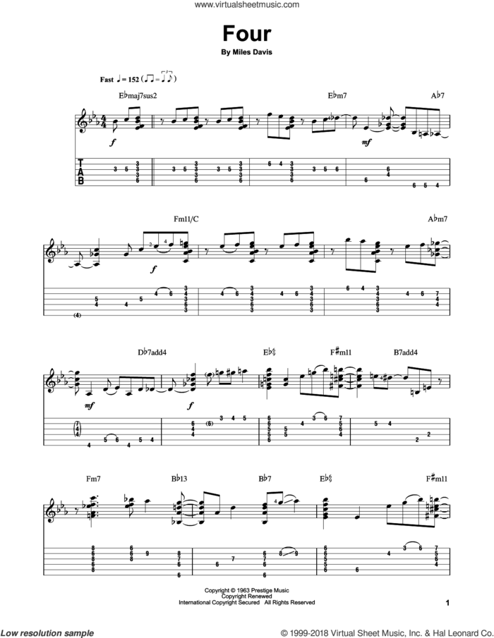 Four sheet music for guitar solo by Jake Reichbart, John Coltrane and Miles Davis, intermediate skill level
