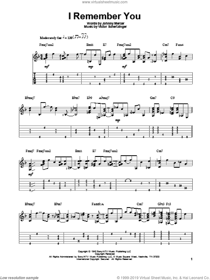 I Remember You sheet music for guitar solo by Jake Reichbart and Jo Stafford, intermediate skill level