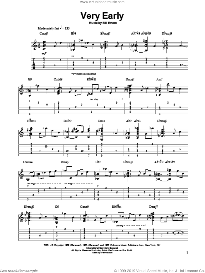 Very Early sheet music for guitar solo by Jake Reichbart and Bill Evans, intermediate skill level